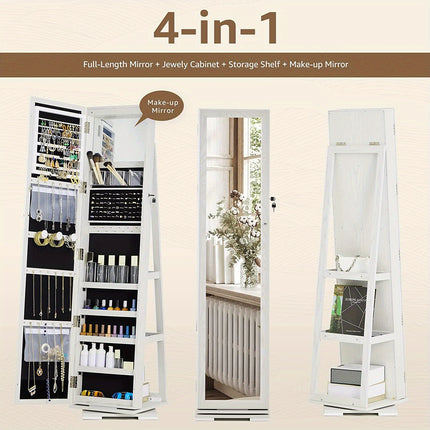 Full-Length Mirror Jewelry Cabinet - Jewelry Armoires with 360° Swivel, Locks and Keys,