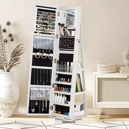 Full-Length Mirror Jewelry Cabinet - Jewelry Armoires with 360° Swivel, Locks and Keys,