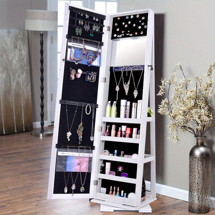 Full-Length Mirror Jewelry Cabinet - Jewelry Armoires with 360° Swivel, Locks and Keys,
