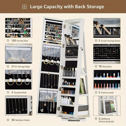 Full-Length Mirror Jewelry Cabinet - Jewelry Armoires with 360° Swivel, Locks and Keys,