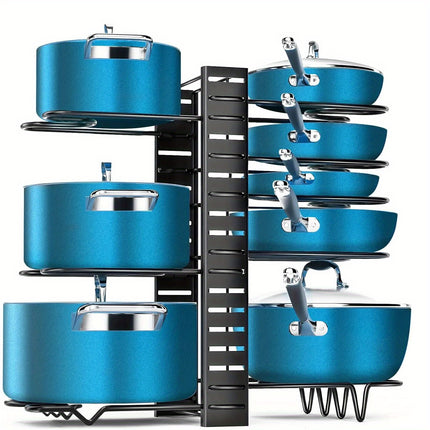 8-Tier Adjustable Pot Rack Cabinet Storage - Organize Kitchen Pots, Bowls, Utensils with 4 Hooks