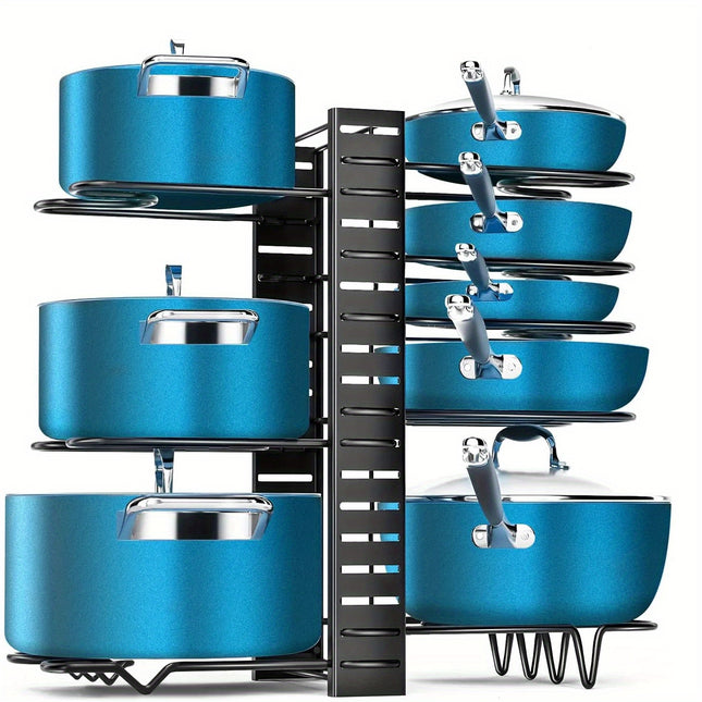 8-Tier Adjustable Pot Rack Cabinet Storage - Organize Kitchen Pots, Bowls, Utensils with 4 Hooks