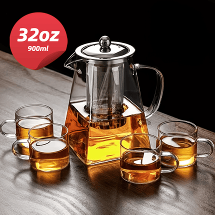 Set of 5 Borosilicate Glass Teapot And Cups, Featuring a Clear Teapot with a Removable Stainless Steel Infuser,