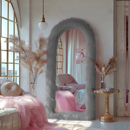 24"x63" Full Length Mirror Chic Pink Faux Fur Framed Leaning Hanging Wall Mirror Full Body