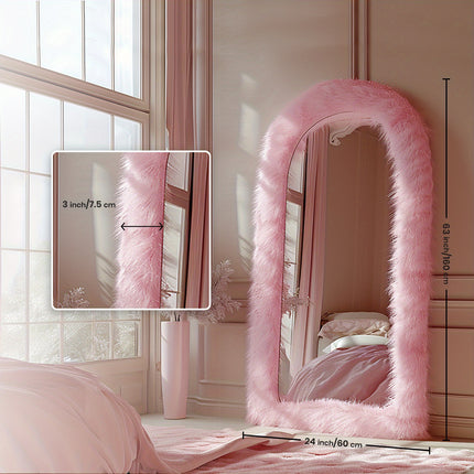 24"x63" Full Length Mirror Chic Pink Faux Fur Framed Leaning Hanging Wall Mirror Full Body