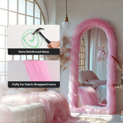 24"x63" Full Length Mirror Chic Pink Faux Fur Framed Leaning Hanging Wall Mirror Full Body