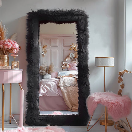 32"x71" Rectangle Floor Mirror Full Length Mirror With Stand White Shaggy Fur Framed Mirror Full Body
