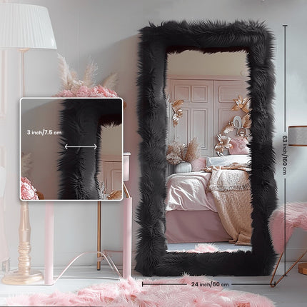 32"x71" Rectangle Floor Mirror Full Length Mirror With Stand White Shaggy Fur Framed Mirror Full Body
