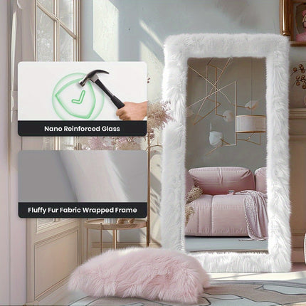 32"x71" Rectangle Floor Mirror Full Length Mirror With Stand White Shaggy Fur Framed Mirror Full Body