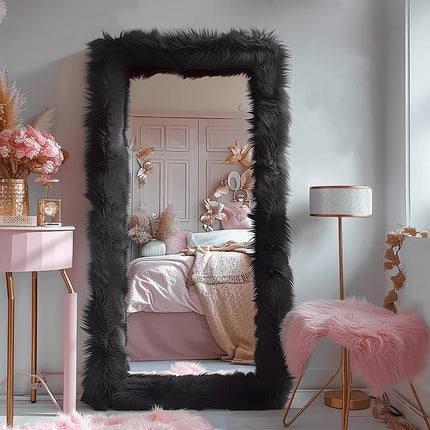 32"x71" Rectangle Floor Mirror Full Length Mirror With Stand White Shaggy Fur Framed Mirror Full Body