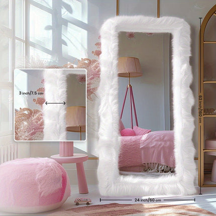 32"x71" Rectangle Floor Mirror Full Length Mirror With Stand White Shaggy Fur Framed Mirror Full Body
