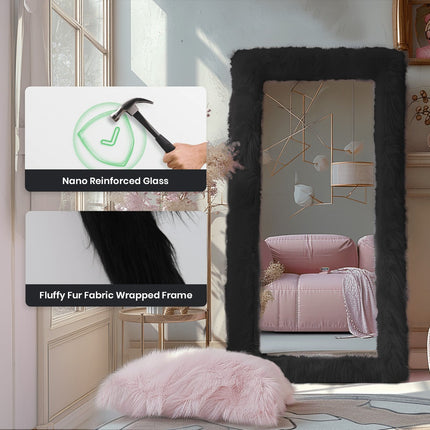 32"x71" Rectangle Floor Mirror Full Length Mirror With Stand White Shaggy Fur Framed Mirror Full Body
