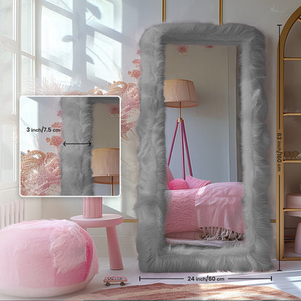 24" X 63" Chic Faux Fur Framed Leaning Hanging Wall Mirror High-End Full Body Mirror Full Body