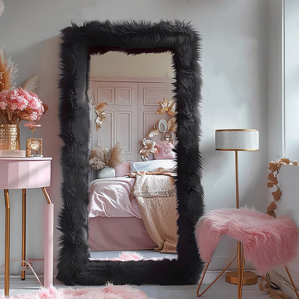 24" X 63" Chic Faux Fur Framed Leaning Hanging Wall Mirror High-End Full Body Mirror Full Body