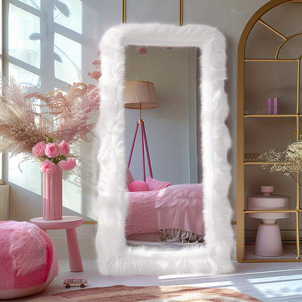 24" X 63" Chic Faux Fur Framed Leaning Hanging Wall Mirror High-End Full Body Mirror Full Body