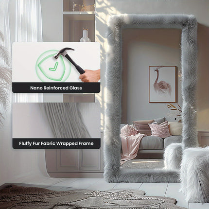 24" X 63" Chic Faux Fur Framed Leaning Hanging Wall Mirror High-End Full Body Mirror Full Body