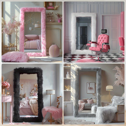 24" X 63" Chic Faux Fur Framed Leaning Hanging Wall Mirror High-End Full Body Mirror Full Body