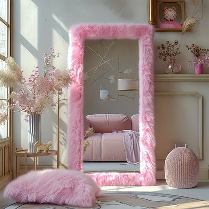 24" X 63" Chic Faux Fur Framed Leaning Hanging Wall Mirror High-End Full Body Mirror Full Body