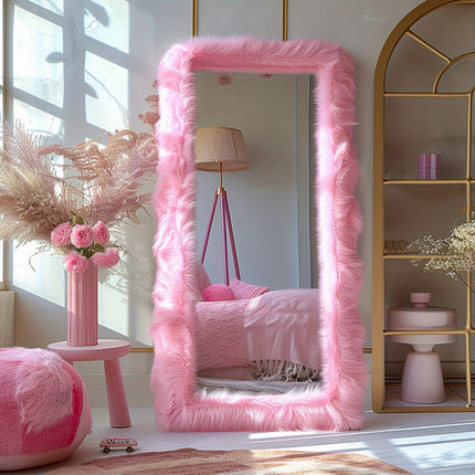 24" X 63" Chic Faux Fur Framed Leaning Hanging Wall Mirror High-End Full Body Mirror Full Body