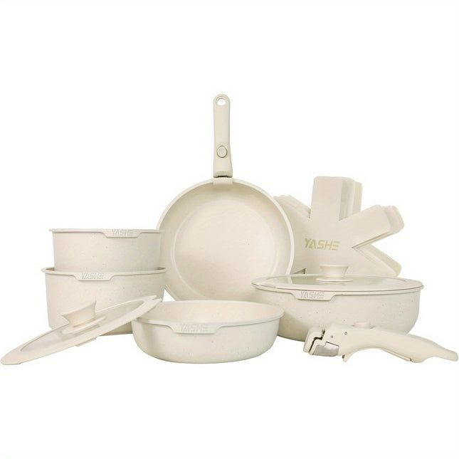13-Piece Ceramic Kitchen Cookware Set, Detachable Dandle Pots and Pans with Pan Protectors,