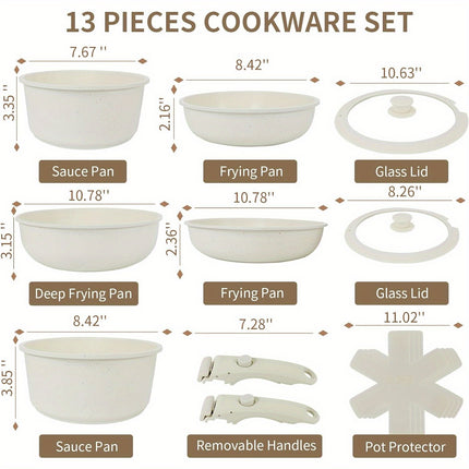 13-Piece Ceramic Kitchen Cookware Set, Detachable Dandle Pots and Pans with Pan Protectors,