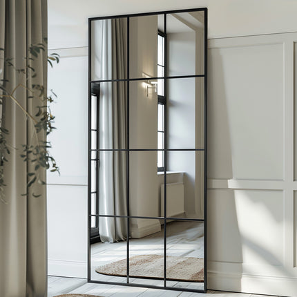 1pc 30"x71" Black Full Length Mirror Elegant Windowpane Mirror Lattice Window Mirror