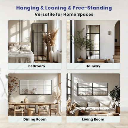 1pc 30"x71" Black Full Length Mirror Elegant Windowpane Mirror Lattice Window Mirror