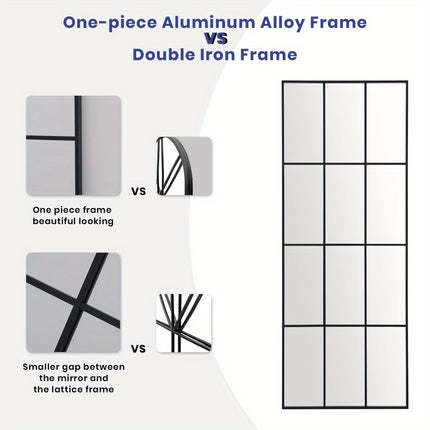 1pc 30"x71" Black Full Length Mirror Elegant Windowpane Mirror Lattice Window Mirror