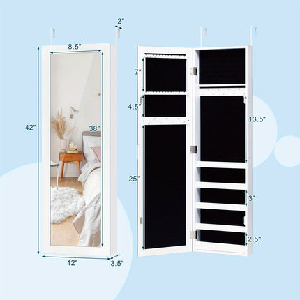 Wall/Door Mounted Jewelry Cabinet with Full-Length Mirror, Cosmetics Storage Organizer