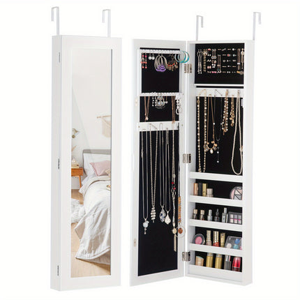 Wall/Door Mounted Jewelry Cabinet with Full-Length Mirror, Cosmetics Storage Organizer