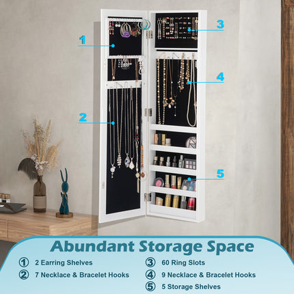 Wall/Door Mounted Jewelry Cabinet with Full-Length Mirror, Cosmetics Storage Organizer