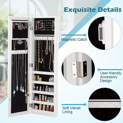 Wall/Door Mounted Jewelry Cabinet with Full-Length Mirror, Cosmetics Storage Organizer