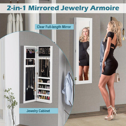 Wall/Door Mounted Jewelry Cabinet with Full-Length Mirror, Cosmetics Storage Organizer