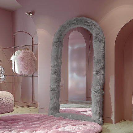 24"x63" Chic Pink Faux Fur Framed Wall Mirror Full Body Dressing Mirror for Hanging or Leaning for Bedroom,
