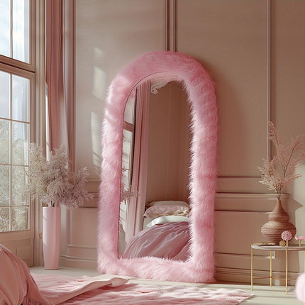 24"x 63" Full Length Mirror Chic Faux Fur Framed Wall Mirror Full Body Dressing Mirror
