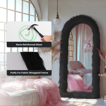 32"x71" Full Length Mirror Free Standing Floor Mirror Black Faux Fur Framed Wall Mounted Full Body Mirror