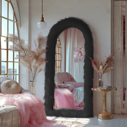 32"x71" Full Length Mirror Free Standing Floor Mirror Black Faux Fur Framed Wall Mounted Full Body Mirror