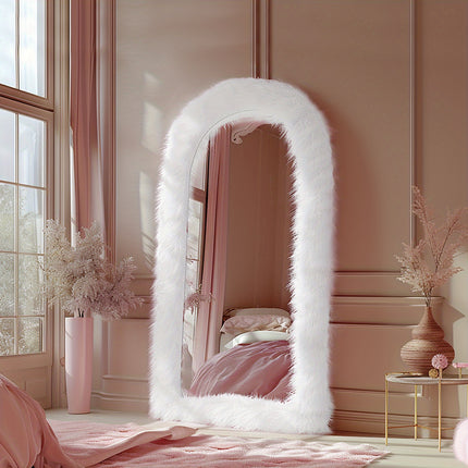 32"x71" Full Length Mirror Free Standing Floor Mirror Black Faux Fur Framed Wall Mounted Full Body Mirror