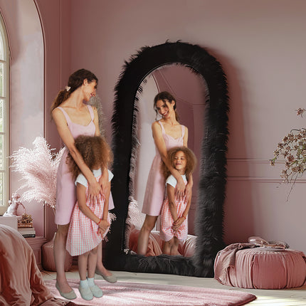 32"x71" Full Length Mirror Free Standing Floor Mirror Black Faux Fur Framed Wall Mounted Full Body Mirror