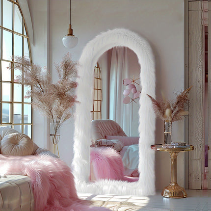 32"x71" Full Length Mirror Free Standing Floor Mirror Black Faux Fur Framed Wall Mounted Full Body Mirror