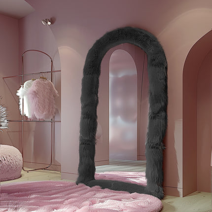 32"x71" Full Length Mirror Free Standing Floor Mirror Black Faux Fur Framed Wall Mounted Full Body Mirror