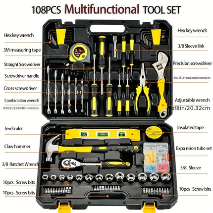 108pcs Tool Set for Home Use, Including Manual Tools for Automotive Repair in a Toolbox