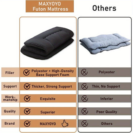 Ultra-Soft Japanese Futon Mattress - 10.16cm Thick, Foldable Tatami Sleeping Pad for Dorms, Black