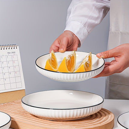 4pcs, Nordic Style Dinner Plates Set, 20.32 cm Ceramic Dish with Black Line Design, Microwave Safe
