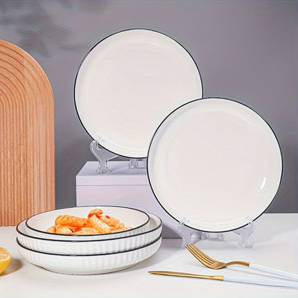 4pcs, Nordic Style Dinner Plates Set, 20.32 cm Ceramic Dish with Black Line Design, Microwave Safe