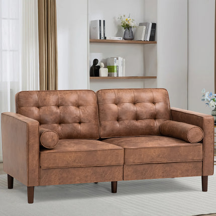 Leather Loveseat Sofa with 2 Bolster Pillows, Modern Two Seat Sofa with Tufted Backrests