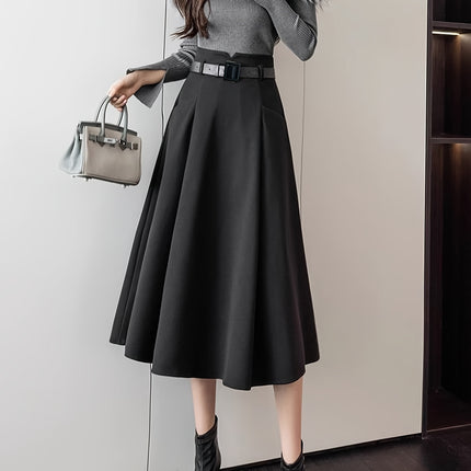Elegant Flared Skirt with Belt | Women'S Fall/Winter Design, Back Zipper, Pockets, Solid Color