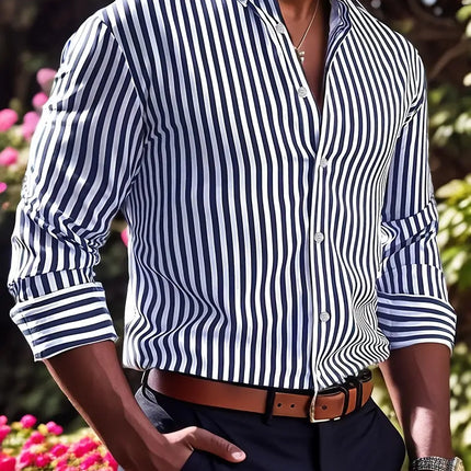 Ins Stripe Printed Long Sleeve Shirt Men Fashion Casual Lapel Button Top Clothing