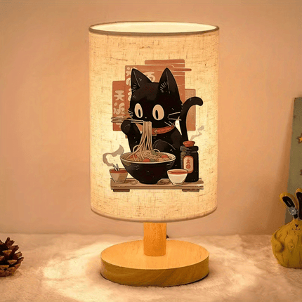 Cute Black Cat Eating Ramen Print LED Bedside Lamp - Nordic Wooden Desk Light with Fabric Shade