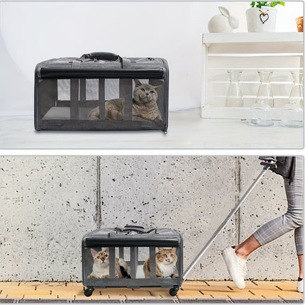 Double Compartment Detachable Travel Carrier for 2 Cats & Puppies - Spacious Pet Trolley with Ventilated Mesh & Removable Lining, Durable Wheels & Ergonomic Handle for Airplane Travel, Vet Visits, Road Trips